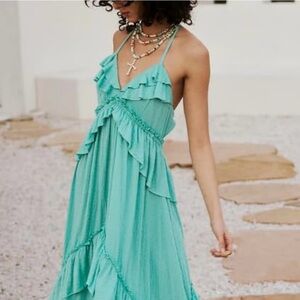 Elegant Teal Ruffle Maxi Dress